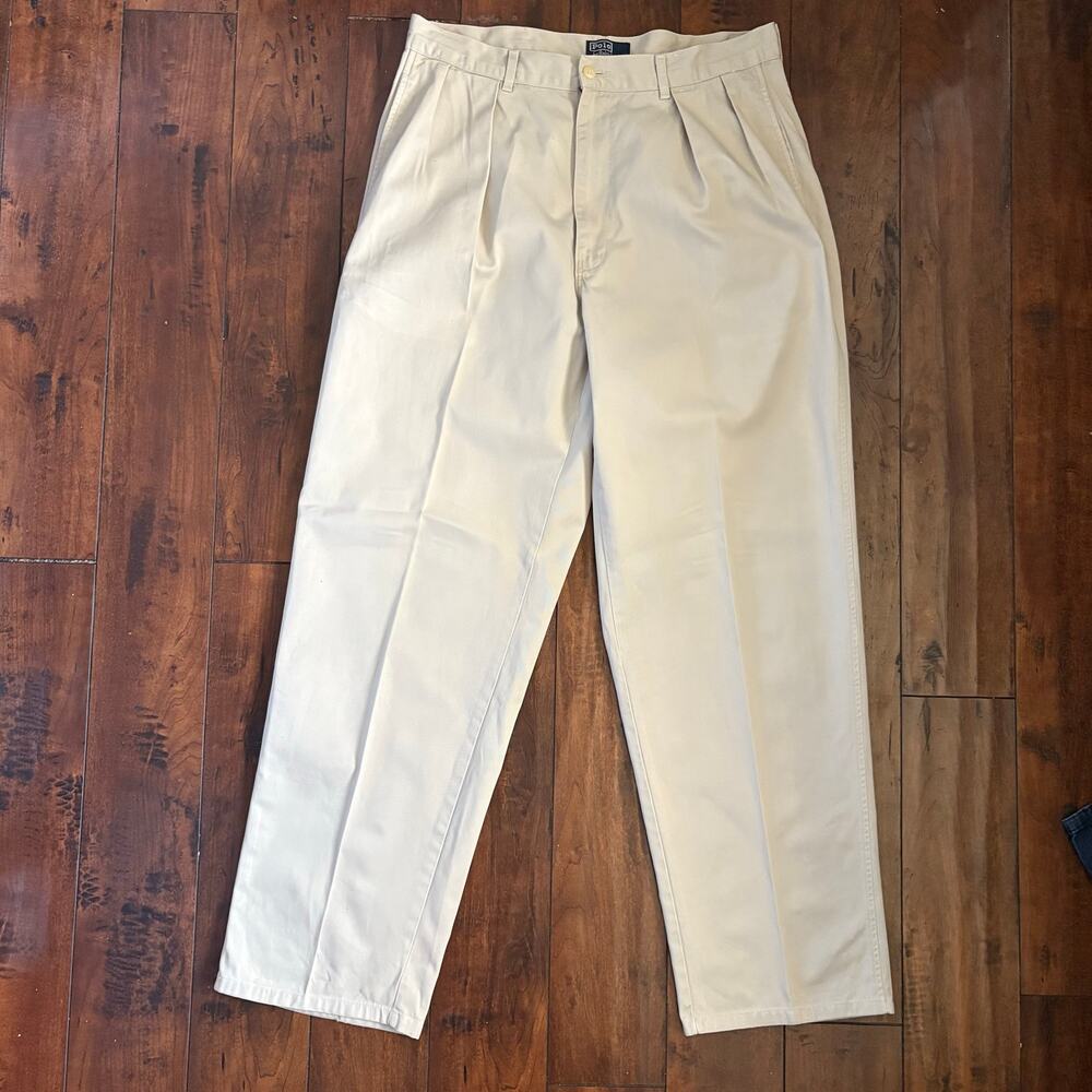 Vintage Polo Ralph Lauren Pleated Chino Pants Mens 34x30 Beige Made in USA
